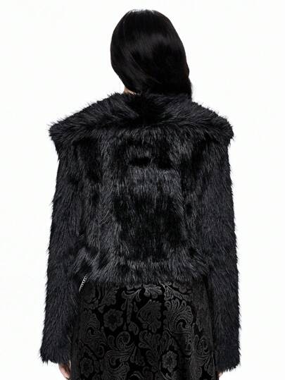 Goth Y2K Party Teddy Crop Jacket With Fluffy Collar For Women, Regular Fit, Black