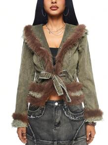 ROMWE Grunge Punk Women Furry Patchwork Denim Jacket/Coat - Army Green - View 2