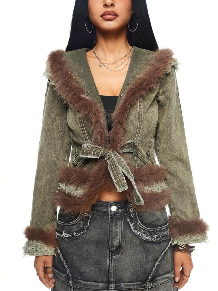 ジャケット・アウター y2k fur denim jacket grunge punk archive Our Grunge Punk Y2K Patchwork Fuzzy Denim Cinched Waist Long