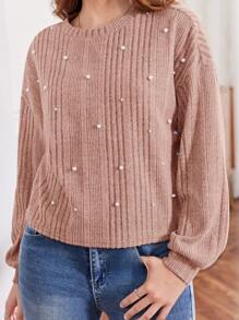 SHEIN Leap Crew Teen Girl's Loose Fit Crew Neck Drop Shoulder Ribbed Embellished Sweatshirt, Pink - Pink - View 4