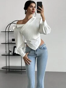 Firerie 女士休闲优雅精致通勤办公室不对称下摆长袖西装领 - 白色 - 查看 6