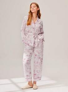 LUVLETTE Bộ đồ ngủ nữ mùa thu đông thiết yếu cho đám cưới cơ bản in satin cài nút buộc eo và quần dài, đồ ngủ nữ, bộ đồ ngủ mặc nhà, đồ lót cô dâu, đồ lót ấm cúng và thanh lịch, đồ ngủ mùa thu - Bụi hồng - Xem 3