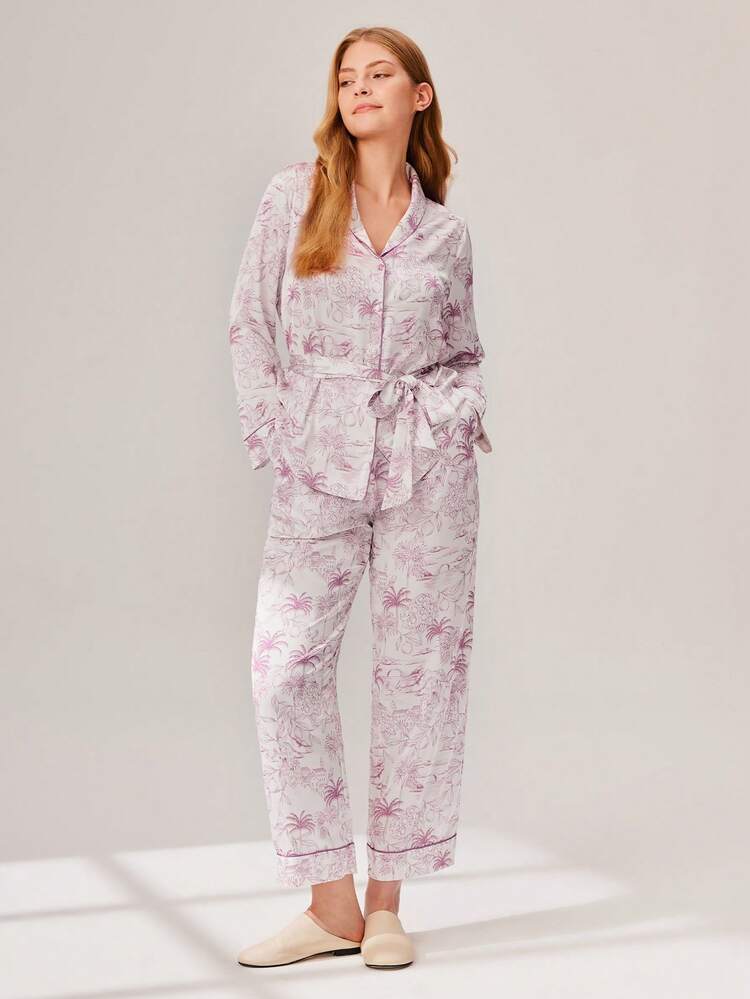 Women Printed Satin Button-Up, Tie-Waist Long PJ Set