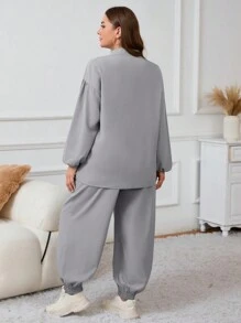 Set de 2 piezas para mujer de talla grande con top de manga larga con botones delanteros y pantalones de unicolor, de estilo minimalista