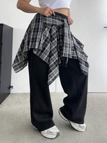 Flirla Plus Size Plaid Patchwork Front Tie Contrast Casual Sweatpants For Women, 2 In 1 Style Fall Cloth For Women - Black - View 2