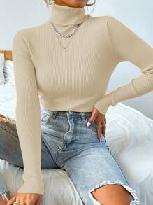 Mulvari Solid Color High Neck Slim Fit Casual Pullover Sweater Knit Pullover Fall Winter - Apricot - View 4