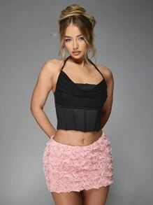 MISSGUIDED 花卉玫瑰纹理迷你裙，手工3D玫瑰花结装饰，适合晚宴、婚礼宾客、春夏特殊场合穿着 - 粉色 - 查看 1