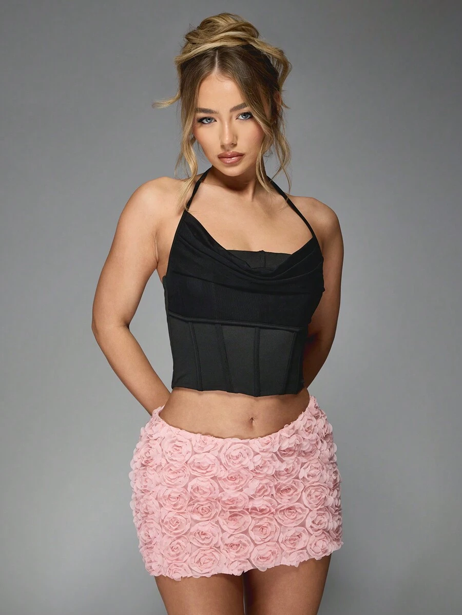 MISSGUIDED 花卉玫瑰纹理迷你裙，手工3D玫瑰花结装饰，适合晚宴、婚礼宾客、春夏特殊场合穿着 - 粉色 - 查看 1