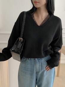 DAZY Solid Color Patchwork Long Sleeve Loose Women Sweater,Fall Clothes - Black - View 6