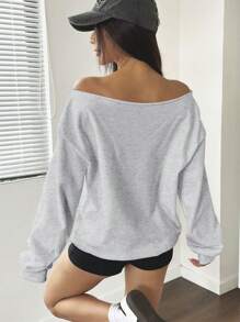 SHEIN EZwear 女士斜肩长袖字母印花简约休闲运动衫 - 灰色 - 查看 2