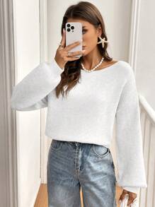 SHEIN Frenchy Plain V-Neck Bow Decor Casual Long Sleeve Pullover Sweater - White - View 5