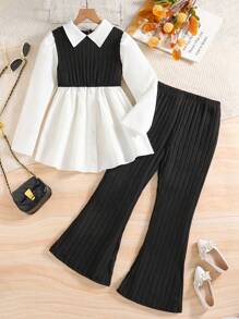 Tween Girls Casual Striped Long Sleeve Shirt And Flare Elastic Waist Pants 2pcs Set, Suitable For Autumn/Winter
