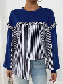 Chiquease 女士撞色条纹荷叶边圆领休闲卫衣（随机印花）套头衫 秋季 - 寶藍色 - 查看 5