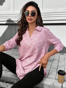 SHEIN LUNE 女士休闲华夫格针织开衩长袖T恤，日常基本款，秋冬冬季女士休闲上衣外出上衣女 - 粉色 - 查看 3