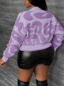 Slaydiva Áo khoác cardigan cài nút tay dài cổ bẻ thanh lịch và giản dị cho nữ cỡ lớn có họa tiết hoa và da báo, phù hợp cho mùa thu đông - Màu tím - Xem 2