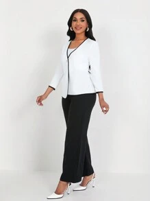 SHEIN Clasi 2pcs/Set Casual Commuter Color Block Trim Top And Pants Suit, Autumn - Black and White - View 6