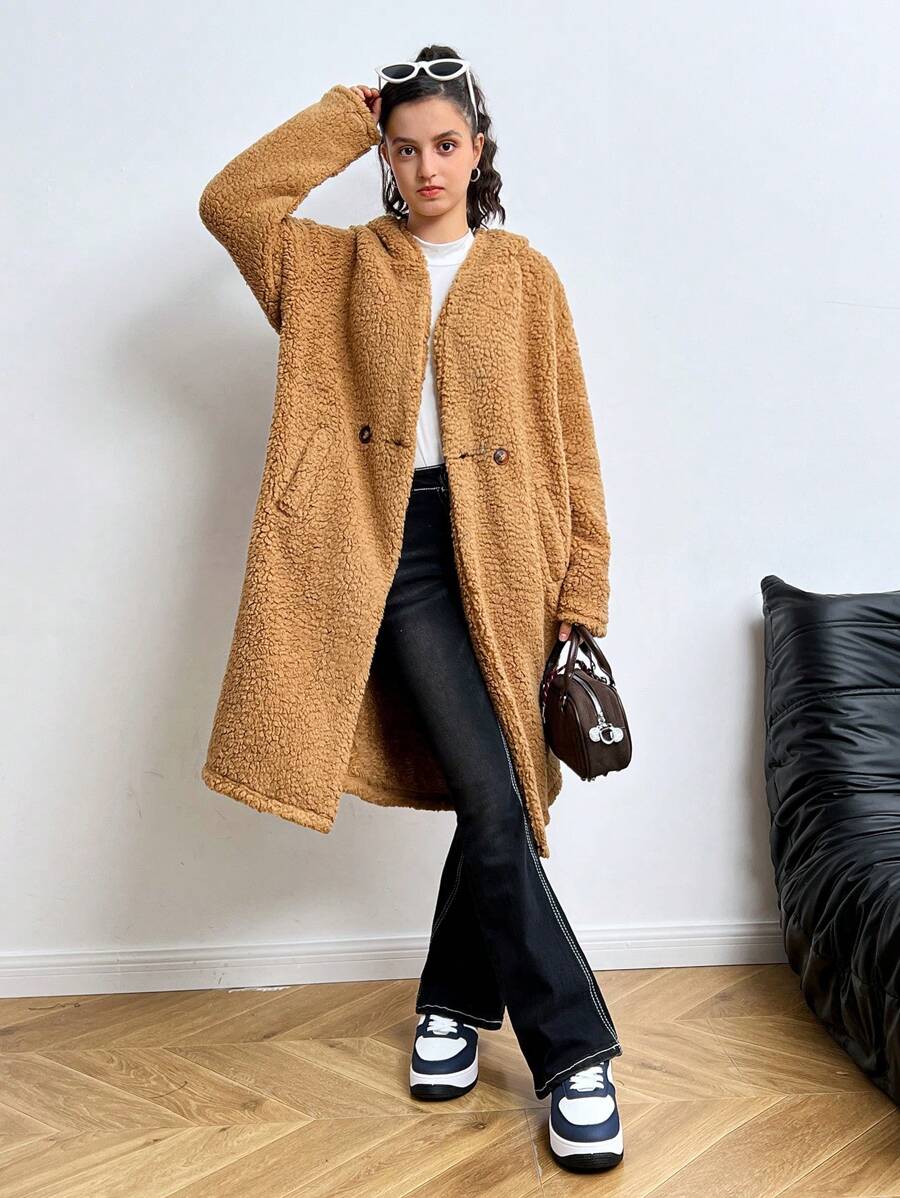 SHEIN 青少年女孩长款连帽休闲棕色泰迪羊毛夹克，可爱外套，返校外套，秋冬