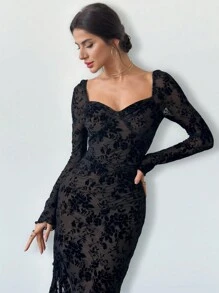 Firerie Nuevo vestido elegante de otoño/invierno con cuello cuadrado acolchado con flores, drapeado y abertura con volante en el bajo para un efecto estilizador
