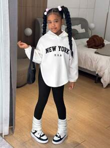 青少年女孩运动休闲连帽运动衫和紧身裤套装，妈妈和我配套服装（2 套单独出售） - 白色 - 查看 2