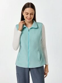 TaskEZ Plain Color Front Zipper Sleeveless Pocket Simple Nursing Scrub Uniform Jacket