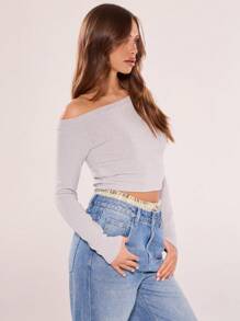 MUSERA Asymmetrical Shoulder Fitted Crop TopVacation Spring Summer Casual Holiday - Grey - View 2