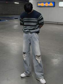 DAZY Men's Casual Loose Drop Shoulder Striped Pattern Knit Pullover - Blue - View 3