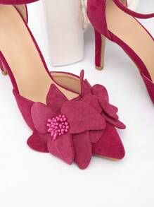 CUCCOO CHICEST 女士尖头 3D 花卉高跟鞋，仿麂皮浪漫女士度假高跟鞋，红色适合约会、下午茶派对、情人节、圣诞节和新年假期氛围秋冬 - 玫紅色 - 查看 7