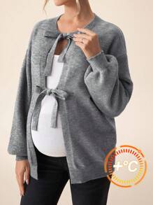 SHEIN Pregnant Women Loose Fit Solid Color Round Neck Drop Shoulder Long Sleeve Front Tie Cardigan Sweater, Autumn/Winter, For Maternity - Grey - View 1