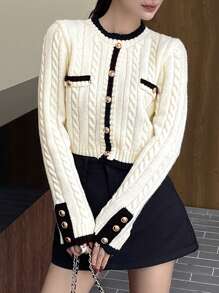 DAZY Women's Elegant Contrast Trim Button Knit Sweater, Autumn - Beige - View 6