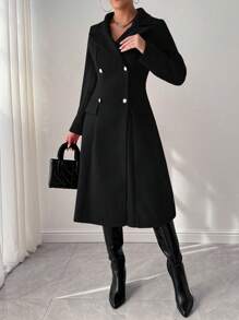 Chiquease Women's Solid Color Long Sleeve Turn-Down Collar Three-Row Button Flap Pocket Overcoat Jacket, Autumn/Winter - Black - View 5