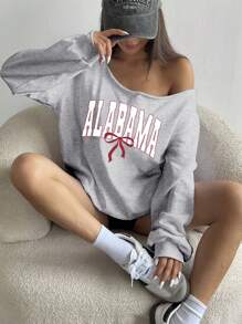 SHEIN EZwear 女士斜肩长袖字母印花简约休闲运动衫 - 灰色 - 查看 1