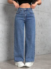SHEIN PETITE Floral Print Pocketed Casual Straight-Leg Jeans - Blue - View 6