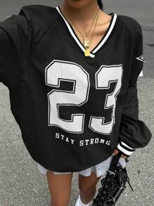 SHEIN EZwear Women Solid Color Patchwork Long Sleeve Digit Print Minimalist Casual Top