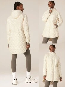 GLOWMODE Chaqueta con capucha estilo camisa ligera, cálida, acolchada mate, cintura ajustable con cordón, ajuste relajado, con bolsillos laterales, para uso casual en invierno - Beis - Ver 9