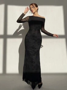 Aloruh Váy đen dài tay có lưới tương phản, trang phục lãng mạn hiện đại dành cho phụ nữ - màu đen - Xem 6