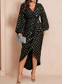 Celure Plus Size Women Sparkly Jagged Print Asymmetric Neck Lantern Sleeve Wrap Hem Dress