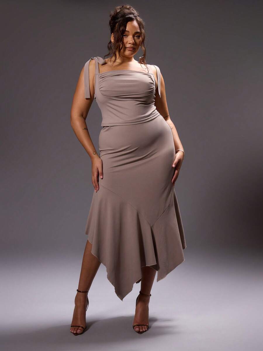 MUSERA Plus Size Slinky Tie Strap Ruched Cami Top Only For Going Out, Party, Club, Rave, Ibiza, Concert, Festival, Sexy, Date Night Spring Elegant Summer - Camel - View 1