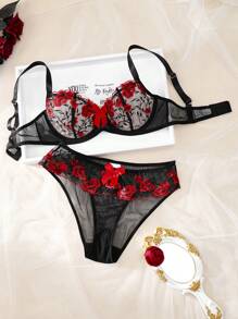 花卉刺绣质朴浪漫蝴蝶结优雅迷人性感女士内衣套装