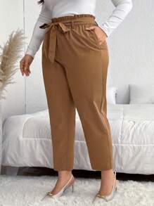 SHEIN Privé 大码女式纯色贴袋直筒宽松休闲通勤长裤 - 卡其色 - 查看 5