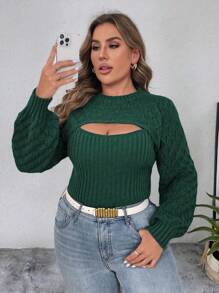 Elenzga Suéter de mujer de talla grande con manga farol, corte con abertura frontal, punto calado y nervado, para invierno