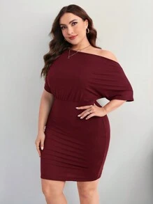 Firerie 大碼不對稱領蝙蝠袖緊身連衣裙 - 酒紅色 - 查看 5