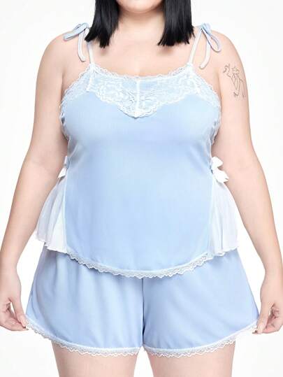 Kawaii Ensemble de pyjama comprenant un débardeur texturé côtelé nœud à la taille avec dentelle, pour grandes tailles