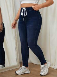 SHEIN EZwear 大码高腰弹力紧身牛仔裤 - 深色水洗藍 - 查看 4