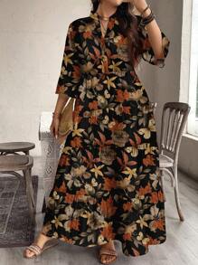 EMERY ROSE 大码休闲优雅干叶与蝴蝶印花直筒连衣裙 - 彩色 - 查看 1