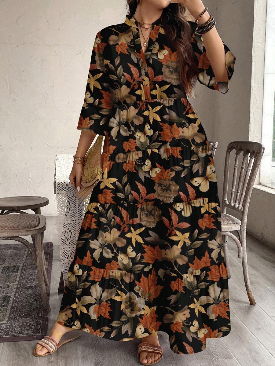 EMERY ROSE 大码休闲优雅干叶与蝴蝶印花直筒连衣裙 - 彩色 - 查看 1