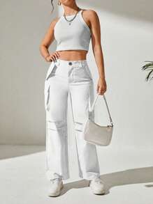SHEIN PETITE Women's Solid Color Cargo Straight Loose Pleated Pants - White - View 5
