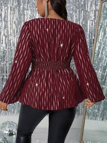 Allurite Plus Size Metallic Foil Fabric Cut-Out Structure Waist Gathered A-Line Long Sleeve Shirt Peplum Top