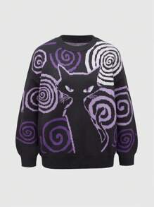 ROMWE Kawaii Cute Cat Print Pullover Sweater, Casual Simple Fashion For Plus Size Everyday Wear, For Winter - Black - View 1