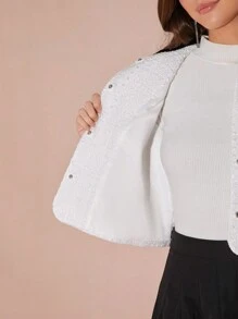Enchnt Autumn/Winter Romantic Women's Sweet Elegant White Color Block Exquisite Pearl Bow Decor Long Sleeve Tweed Jacket,For Thanksgiving&Christmas Party - White - View 9