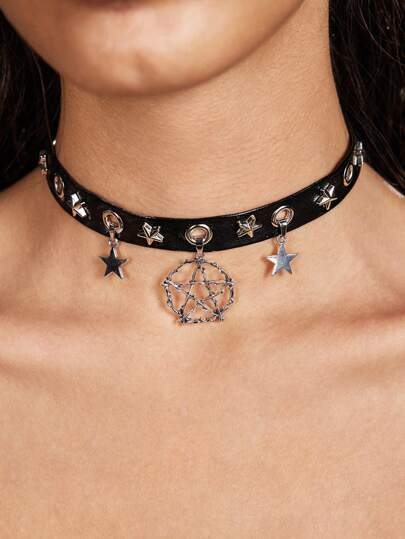 Grunge Punk 1pc Punk Grunge Gothic Style Black Leather Rivet Hollow Star Pendant Choker, Suitable For Parties, Dates, Photography. Holiday Gift